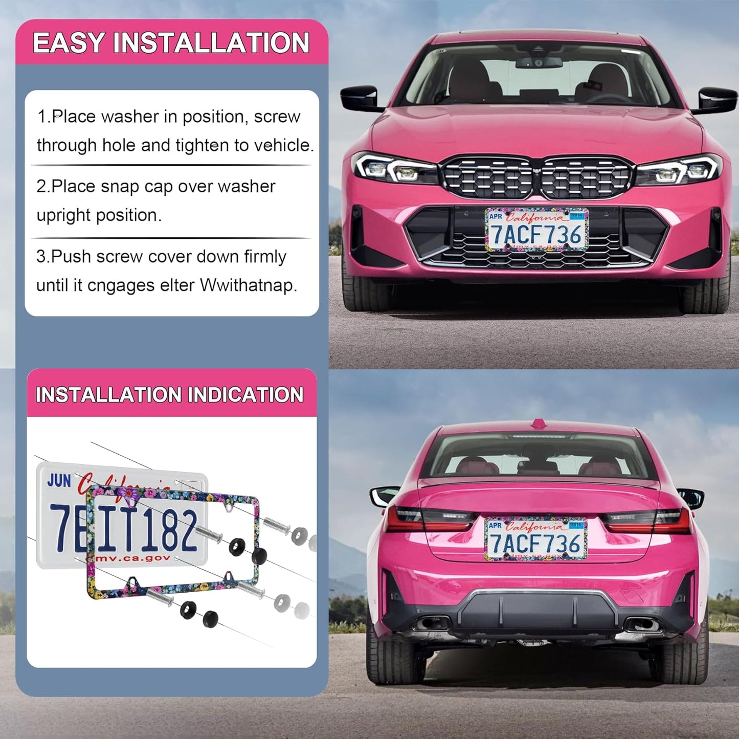 LivTee Flower Floral License Plate Frames, 4 Holes Stainless Steel License Plate Covers, 2PCS Car License Plate Holder, Automotive Exterior Accessories