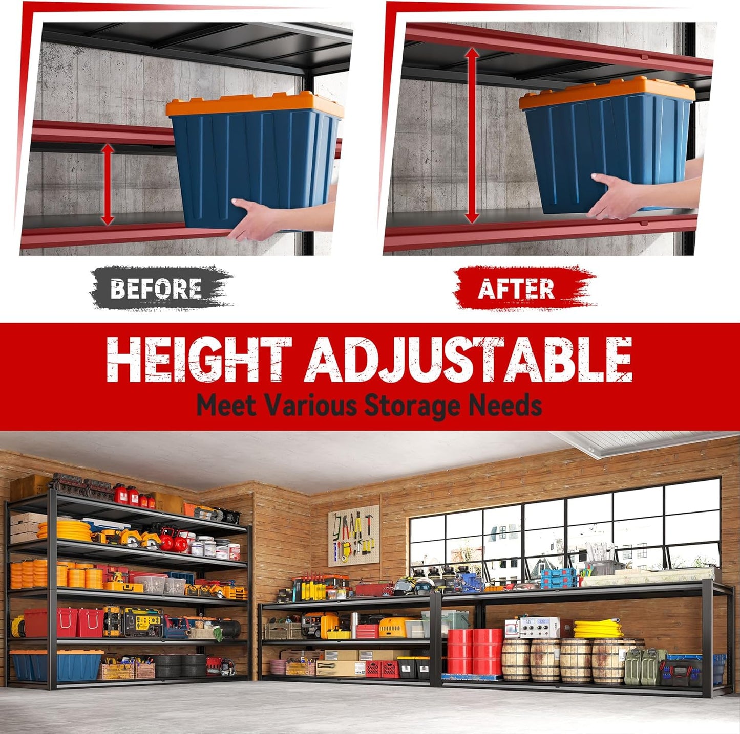 REIBII 78" H Garage Shelving, Storage Shelves Heavy Duty Load 3000LBS, Adjustable Heavy Duty Shelving, 5 Tier Metal Shelving Unit for Storage Rack, Basement, 55" W x 26" D x 78" H, Black