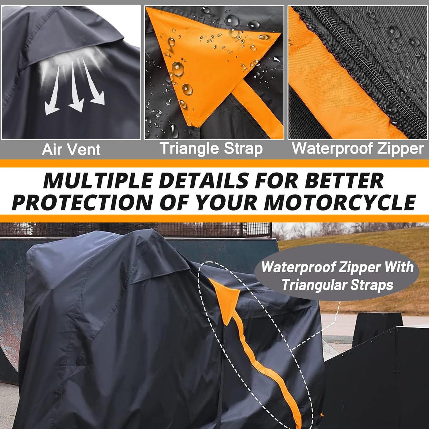 Motorcycle Cover,Waterproof Zipper Outdoor Cover for All Seasons Windproof, High Heat Resistance Dustproof and Rainproof Snowproof(Orange Zipper L Fits Up to 91 inch)
