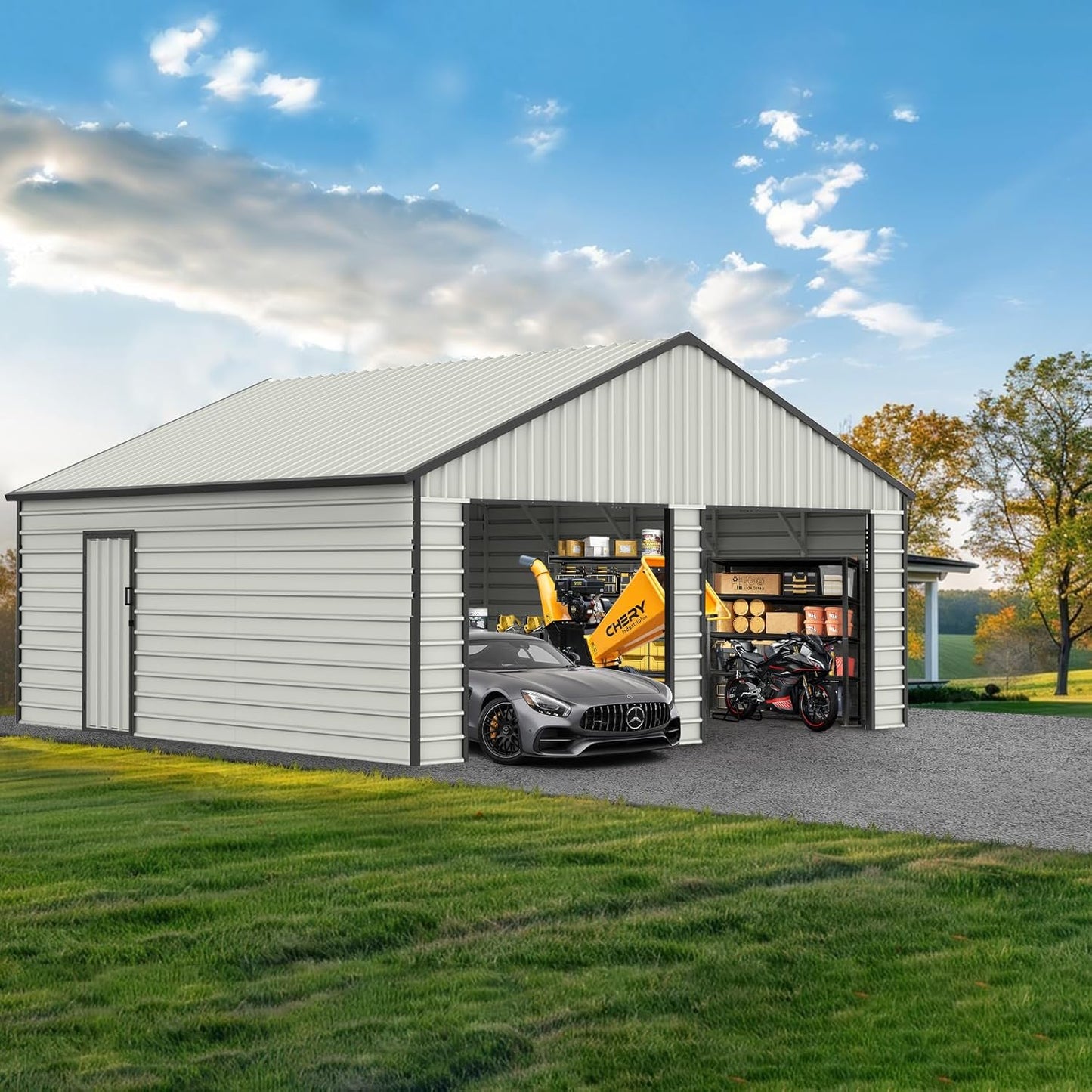 23 x 22 Metal Shed, Metal Garage Building with Side Entry Door, Prefab Double Garage Shed, Large Sheds & Outdoor Storage, Car Shed for Truck, Tool, Lawnmower, Cream