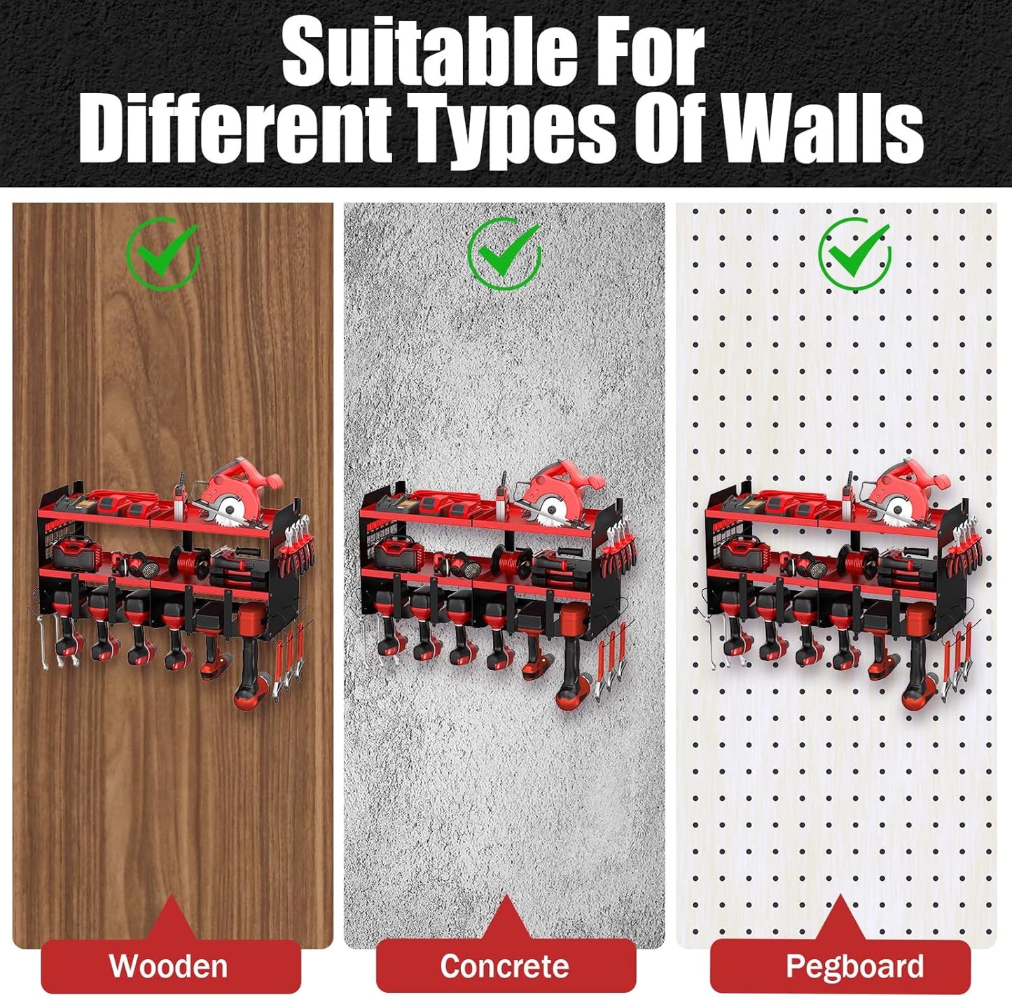 Power Tool Organizer Wall Mount with 6 Drill Holders, Heavy Duty Metal Utility Racks with Large Top Shelf & Side Hooks, Efficient and Organized Storage for Garage, Workshop, Shed, Pegboard