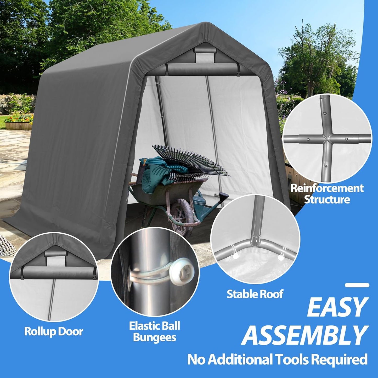 8x8Ft Ourdoor Storage Shed Shelter,Portable Shed Garage with Roll-up Zipper Door &Vent Window, Heavy Duty Storage Tent Carport for Bike,Motorcycle