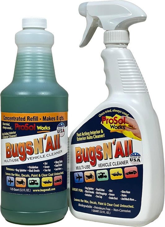 Bugs N’ All Multipurpose Car Cleaner & Degreaser - Bug & Tar Remover Concentrate 32 oz - Exterior Cleaner Safe for Car Paint, Metal, Chrome, Aluminum, Windows & Mirrors - w/Free 32 oz Spray Bottle