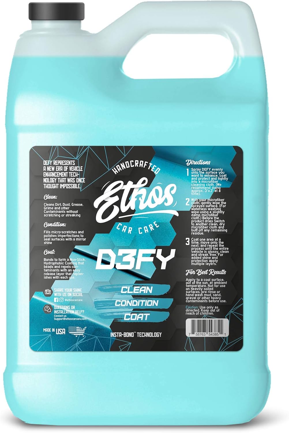 Ethos Defy - 3 in 1 Ceramic Coating - Waterless Car Wash Spray & Wax - Car Wax Rnseless Wash - Car Cleaning Supplies - Polish & Polymer Paint Sealant Protection - with Insta-Bond Technology (1 Gallon)