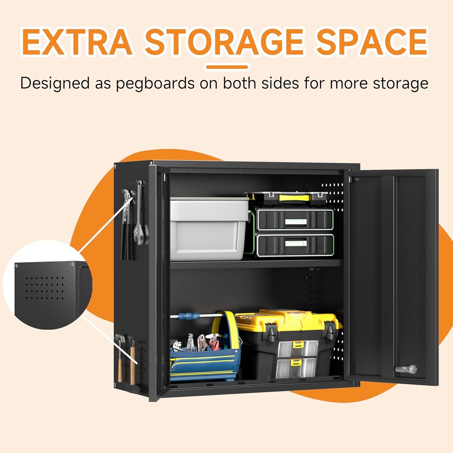 Metal Garage Wall Cabinet with 2 Doors and 1 Adjustable Shelf,Lockable Floating Tool Cabinet with Pegboard,Black Steel Storage Cabinet for Kitchen,Office,Garage,Laundry,Warehouse(Black, 26" H)