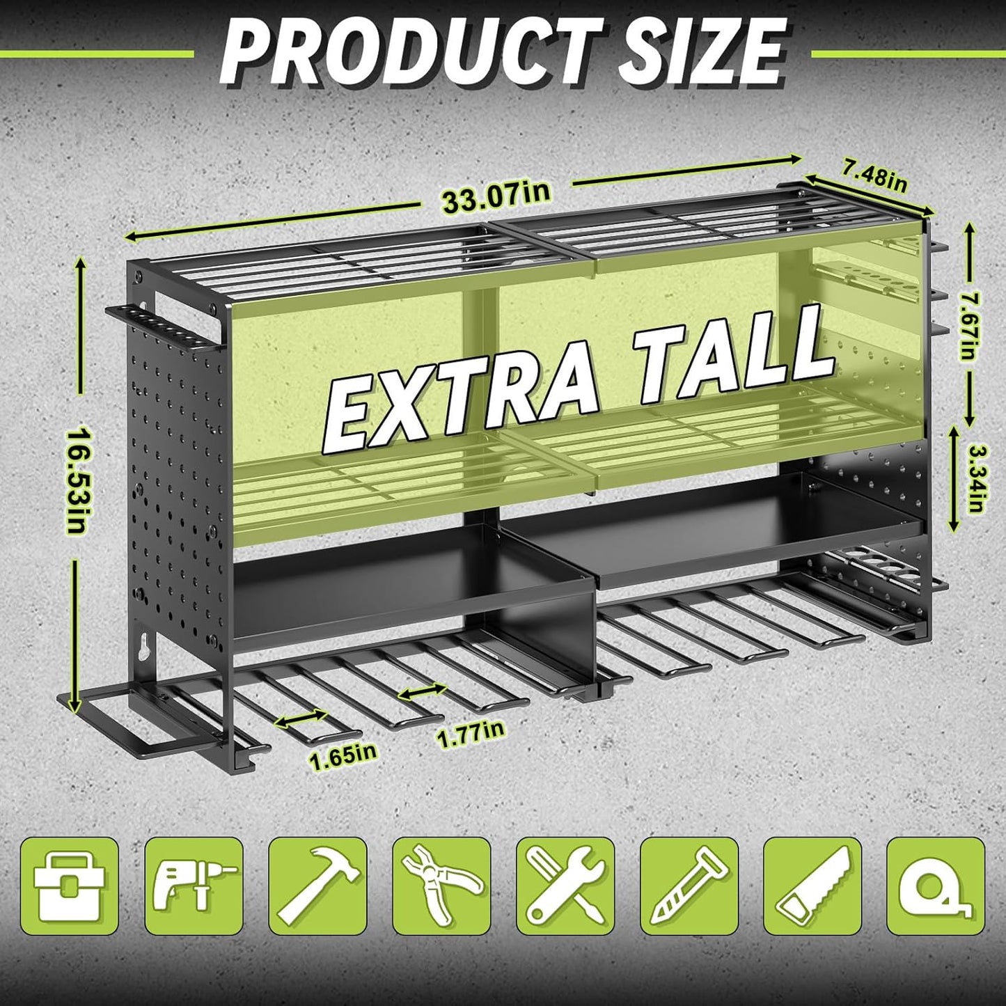 Power Tool Organizer Wall Mount,Heavy Duty Metal 4 Layer 8 Slots Drill Holder,Garage Cordless Storage Rack with Screwdriver Plier Hammer Holder for Workshop Carport Basement