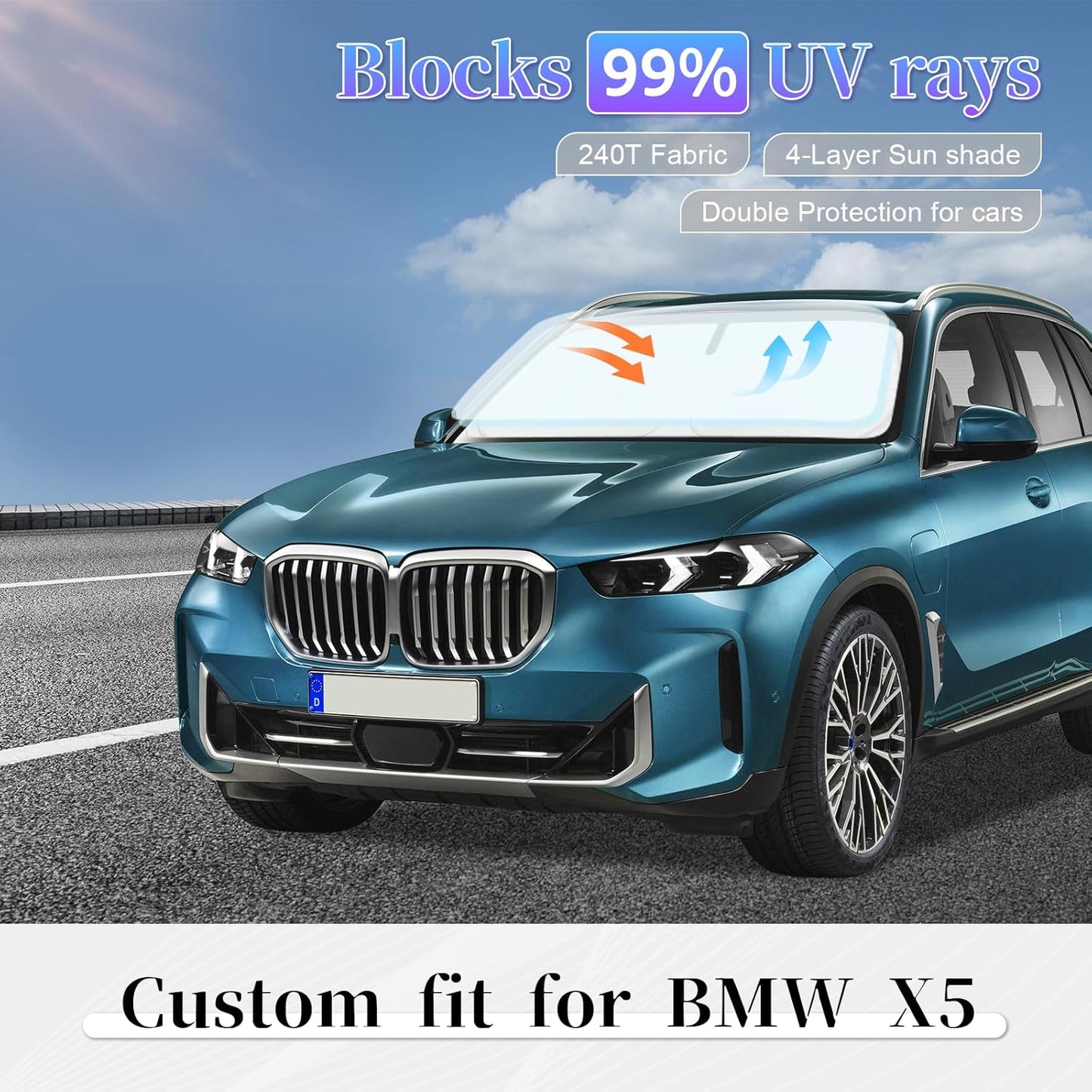 Sun Shade Sunshade for 2025 2026 BMW X5 Windshield Cover, 4-Layer Front Window Shade Custom fit BMW X5 M Sport xLine SUV 2019-2024 Sun Visor Retractable Shield Shade Blocks UV Rays Car Accessories
