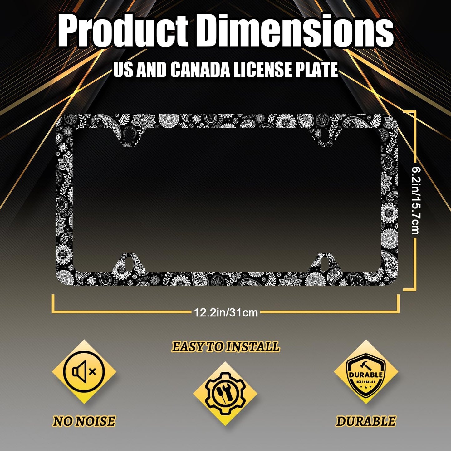 Black and White Paisley License Plate Frame Boho License Plate Holder Stainless Steel Funny Design with 4 Holes and Screws 12.3" x 6.3"