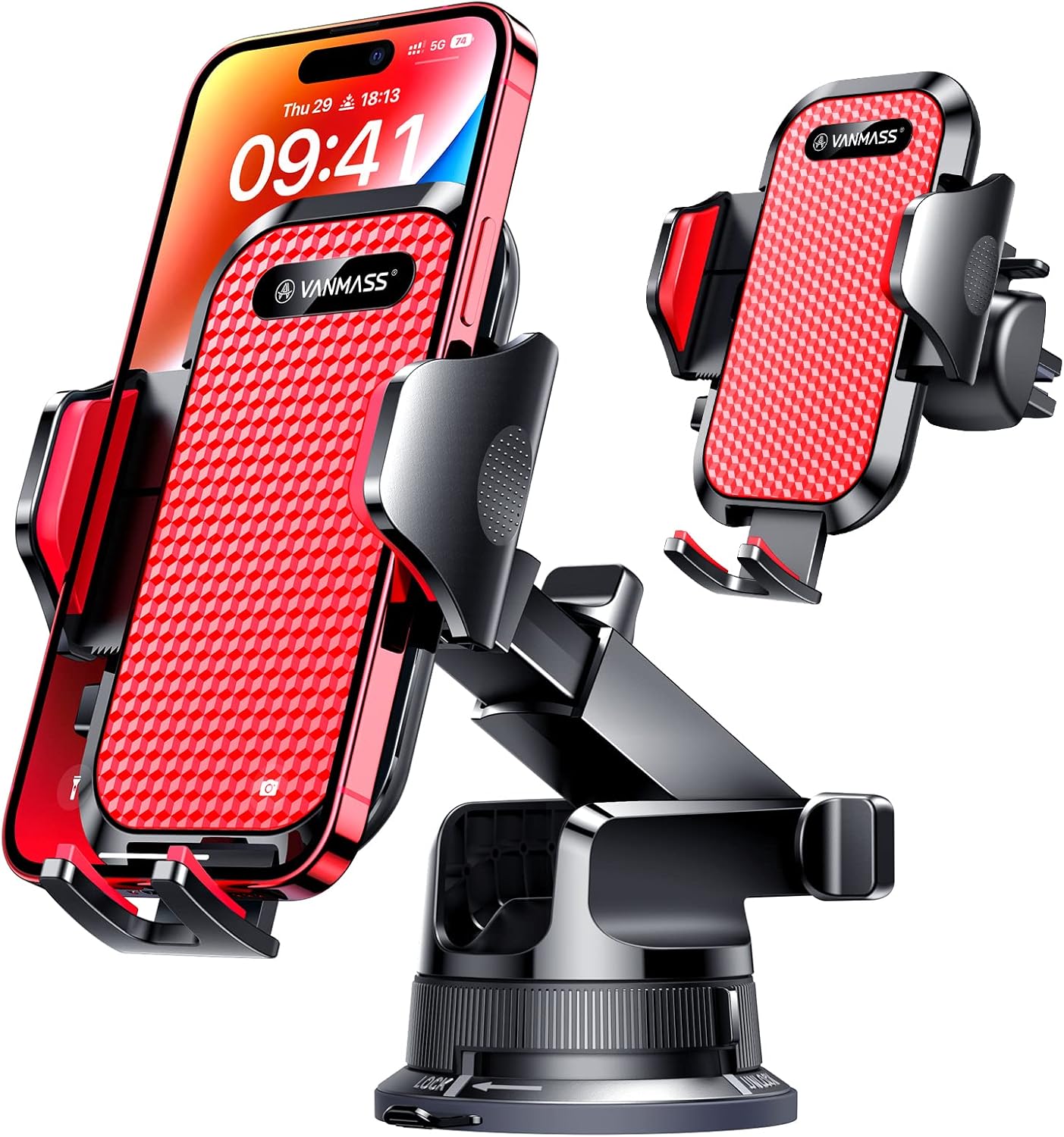 VANMASS [Pro Version] Universal Car Phone Mount [Super Suction Cup] Dashboard Phone Holder, Handsfree Windshield Dash Vent Phone Holder Car, Compatible for iPhone 16 15 14 13 Samsung LG & Truck,Red