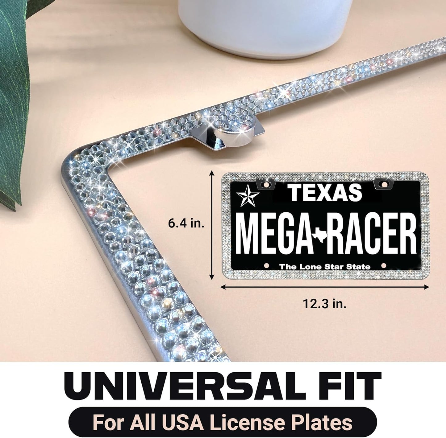 Sparkly Bling License Plate Frame for Women - 1 Pack, 800 Premium Rhinestones, Rust-Free Stainless Steel, Street Legal & Slim Design, Girly Bedazzled Diamond Car Tag Holder with Glitter Crystal Covers