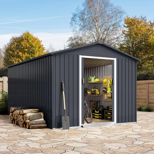 Outdoor Storage Shed 8 x 12 Ft, Outdoor Tool Metal Shed with Lockable Door, Air Vents and Sloping Roof, Metal Aluminum Waterproof Tool Sheds for Yard, Garden, Patio, Garage, Lawn, Gray