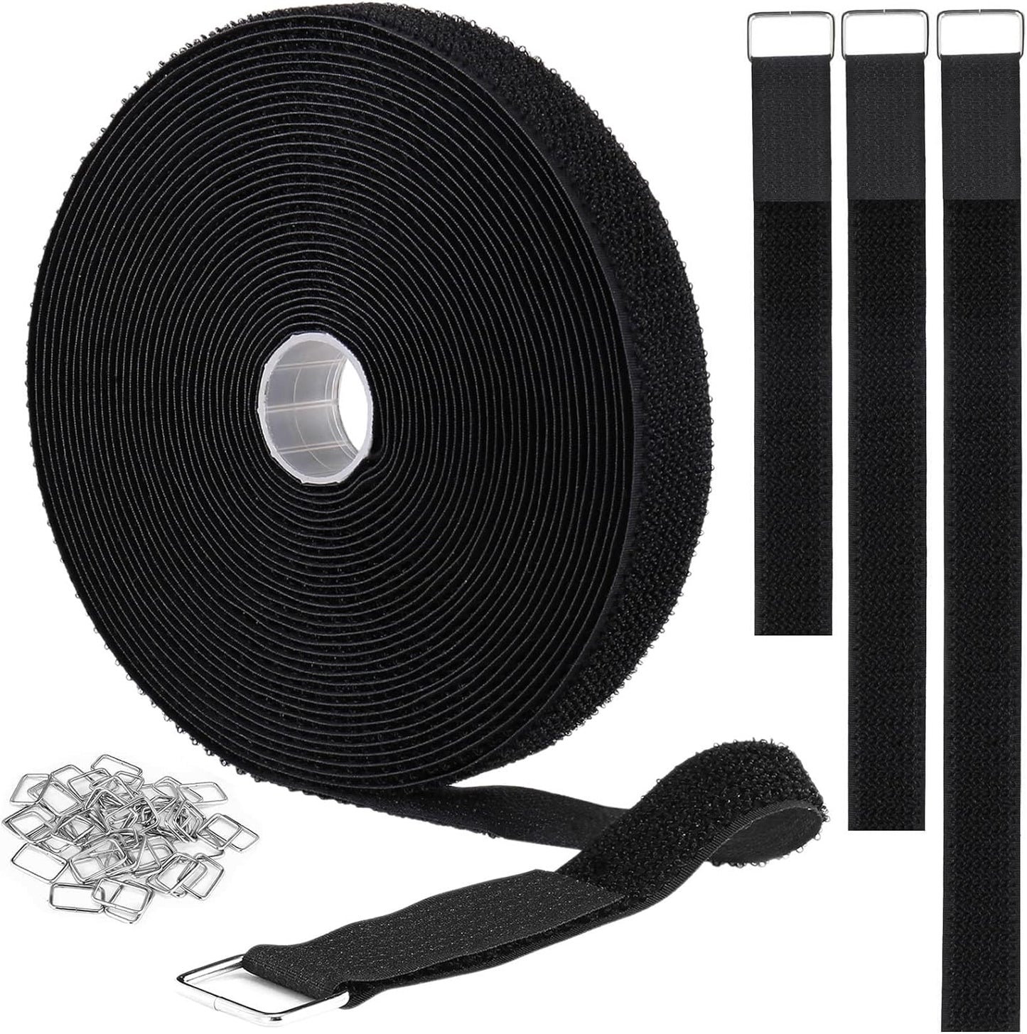 1"x64ft Hook and Loop Straps with 70 Metal Buckles, Adjustable Fastening Cable Straps, Cut-to-Length Cinch Strap, Reusable Nylon Securing Cord Ties for Organizer or Storage, 1 inch Wide, Black