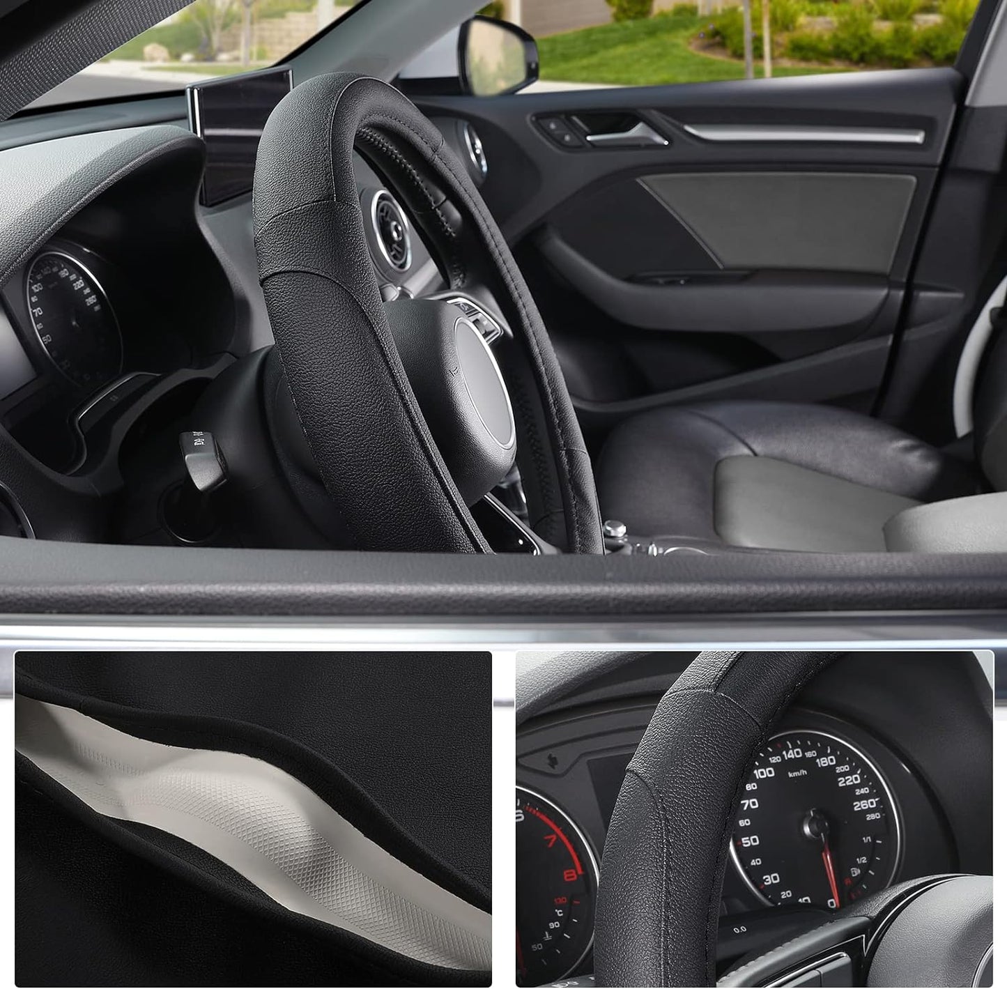 SEG Direct Car Steering Wheel Cover for Prius Civic Model 3 Model Y Camaro, Small Size 14-14.25 inch, Black Microfiber Leather