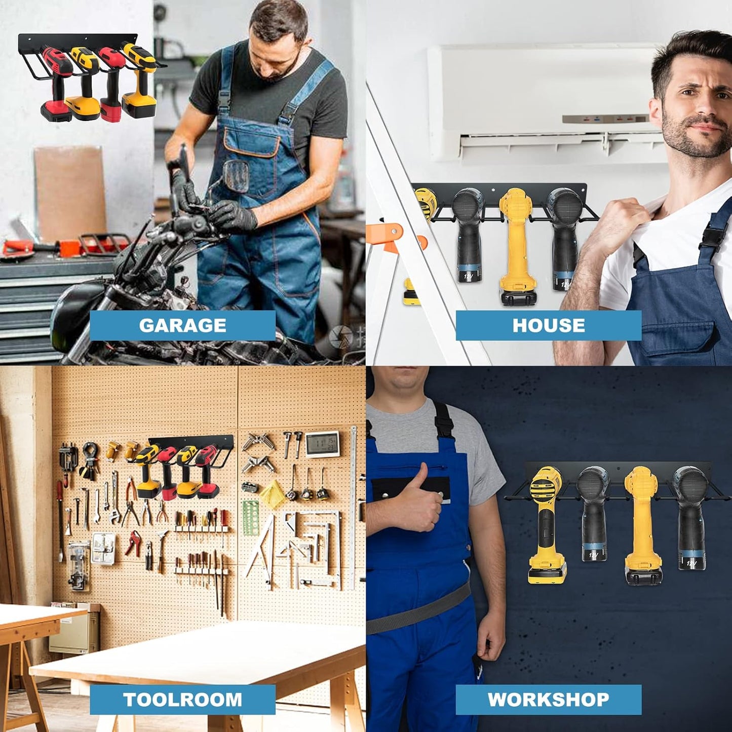 Electric Drill Storage Rack, 2PCS Heavy Duty Metal Wall Mounts, Holds 4 Drills, Compact Storage for Garage or Workshop