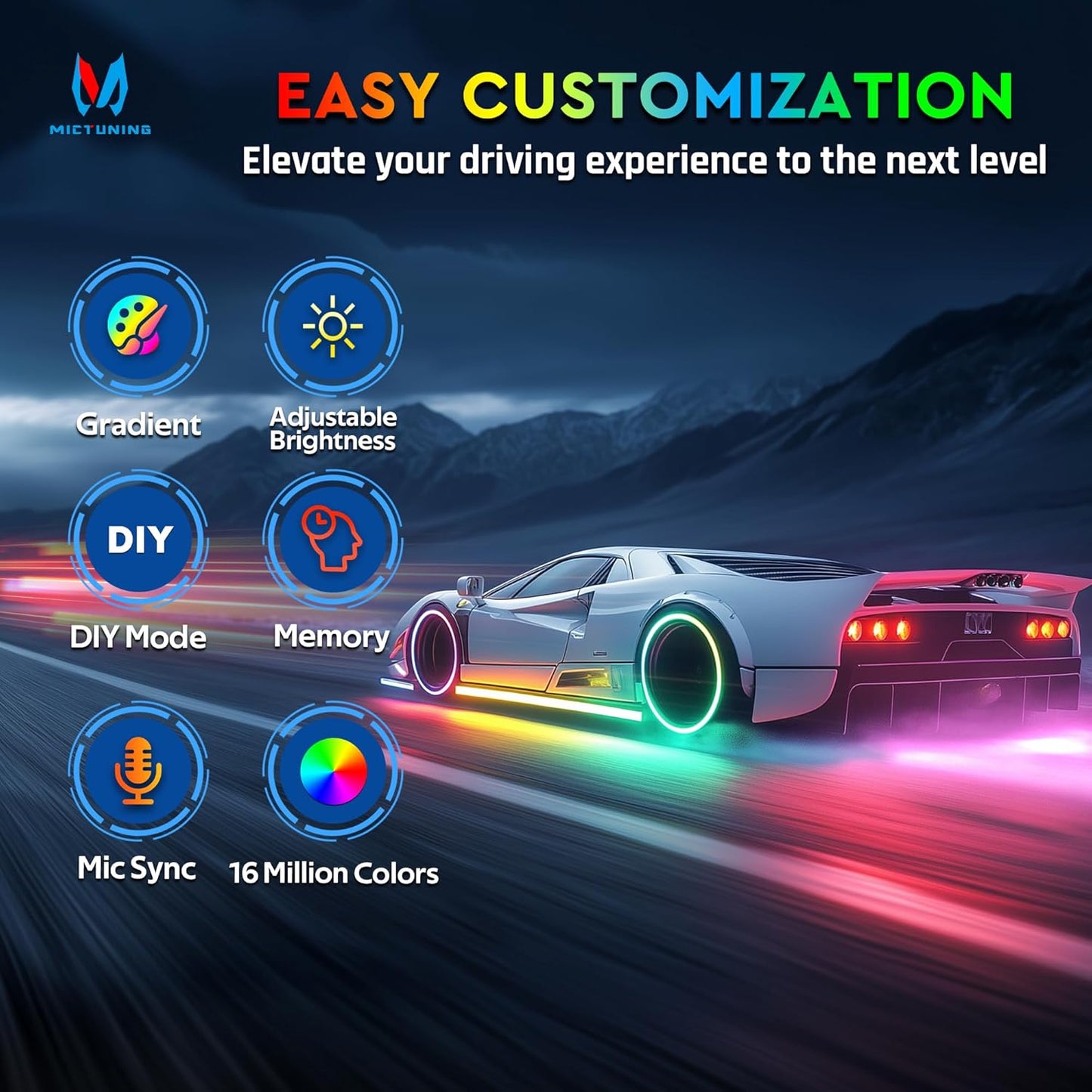 MICTUNING 8Pcs N8+ Chasing Color RGB+IC Underglow Neon Accent Strip Lights, 12V Multi DreamColor Music Soundsync Exterior Underbody Lights for Car, Wireless App & Remote Control, 2 Years Warranty