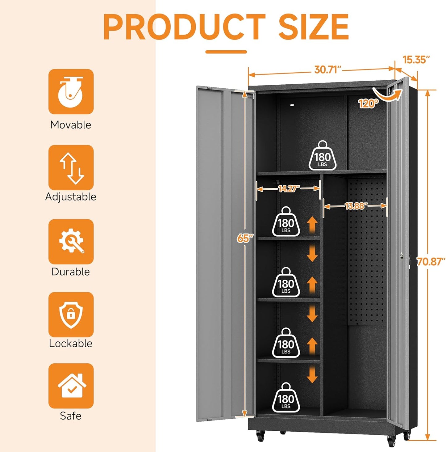 Metal Garage Storage Cabinet with 2 Doors, Adjustable Rolling Tool Storage Cabinet with Lock, 71" Steel Locking Tool Cabinet with Wheels and Shelves for Garage, Warehouse(Black&Gray, 71" H)