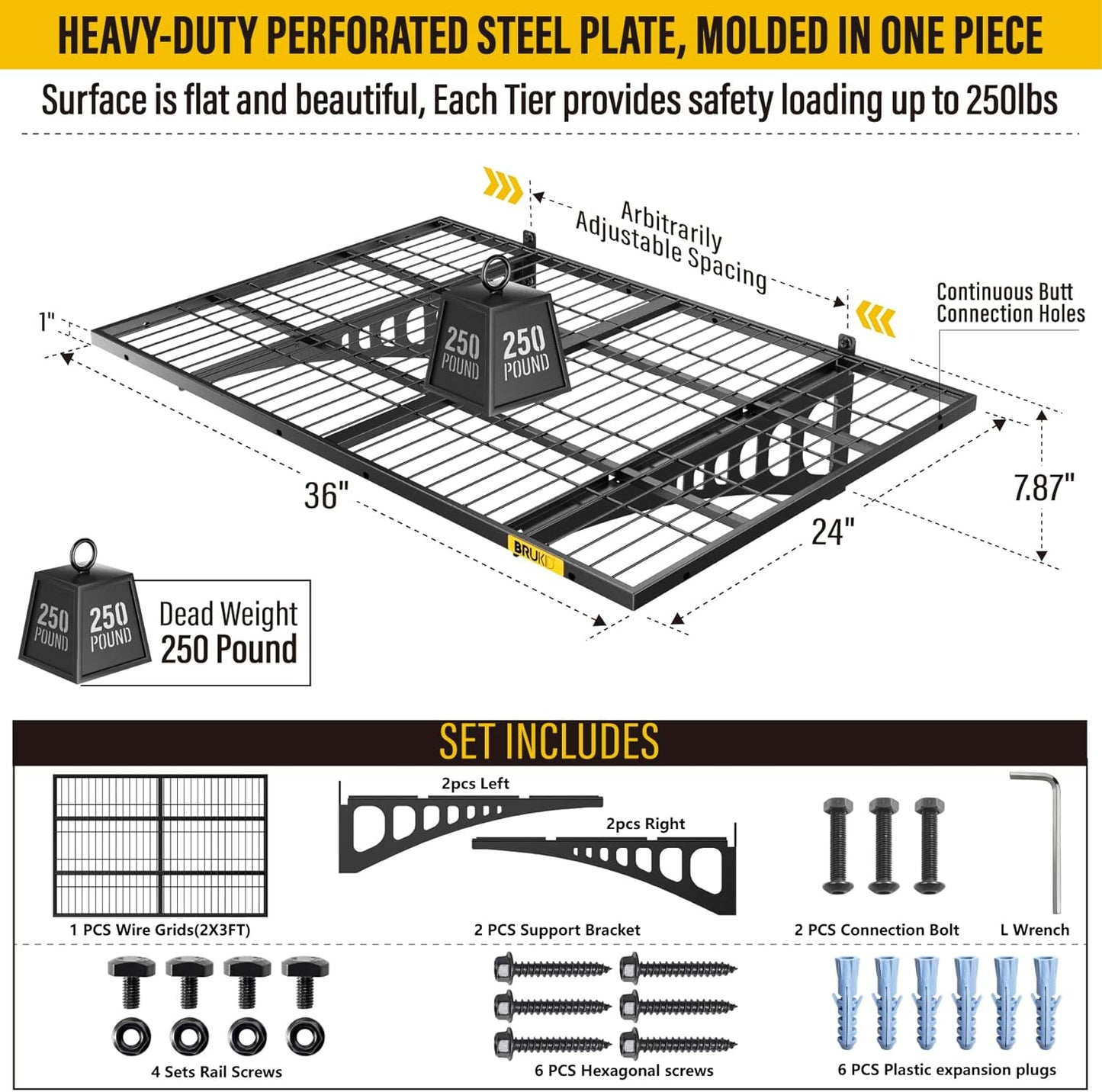 2x3ft Adjustable Rail Wall Garage Storage Shelf, Tool Room, Supermarket Wall Storage Shelving Rack (1 Pack-Black)