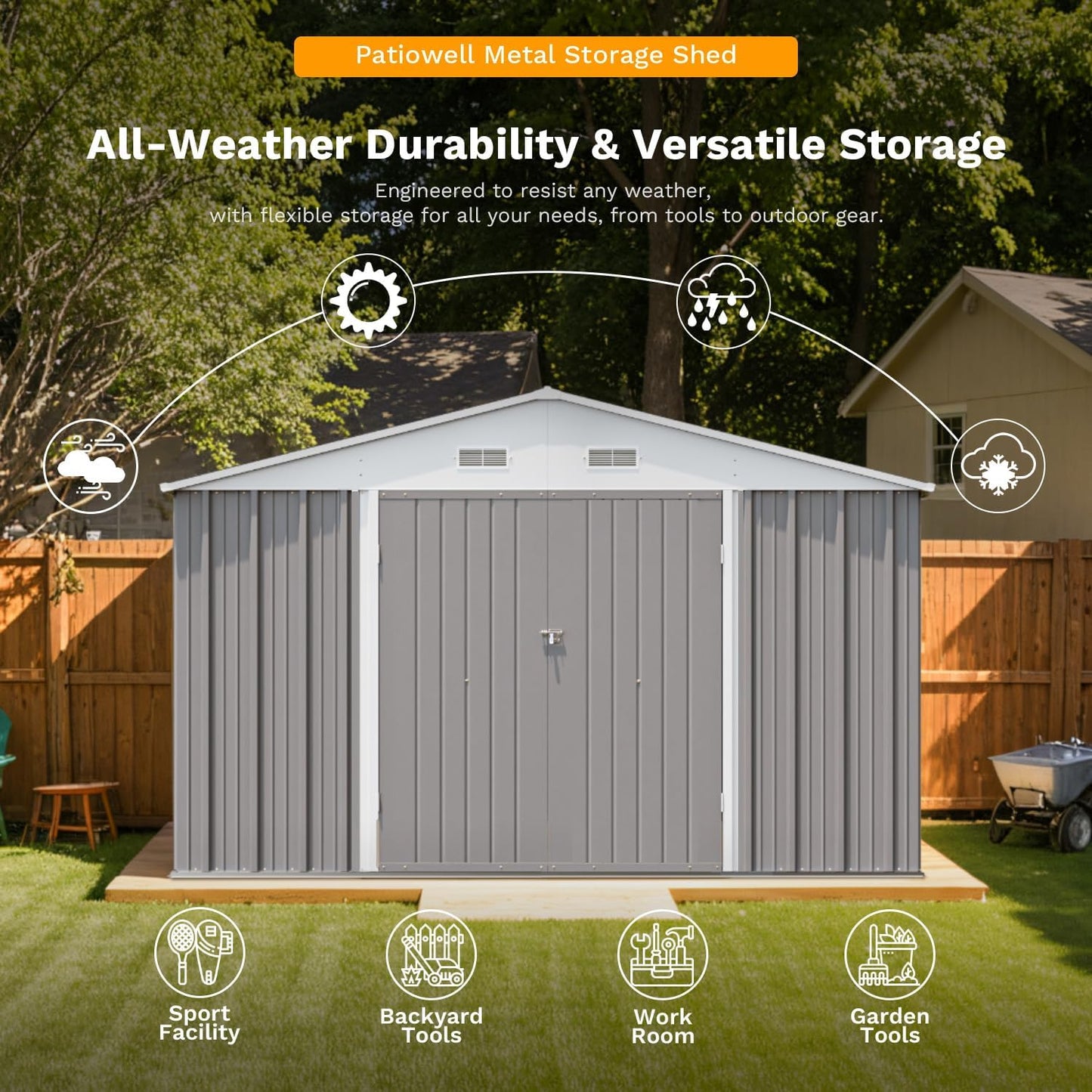 Patiowell 10 x 12 FT Metal Storage Shed for Outdoor with Floor Frame, Steel Yard Shed with Design of Lockable Doors, Utility and Tool Storage for Garden, Backyard, Patio, Outside use, Grey