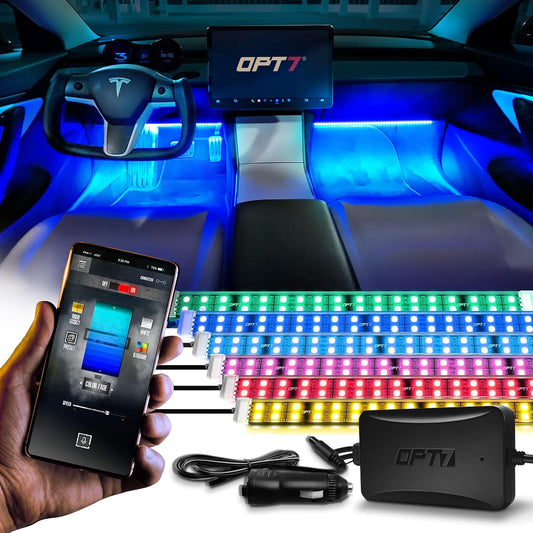 OPT7 Aura Pro 6PC Double LED Interior Strip Lights with APP & Remote Control, Multicolor Mode, Sound Active Inside Ambient Lighting Kit, Truck SUV RV Footwell Floor Decor, 12V Car Charger