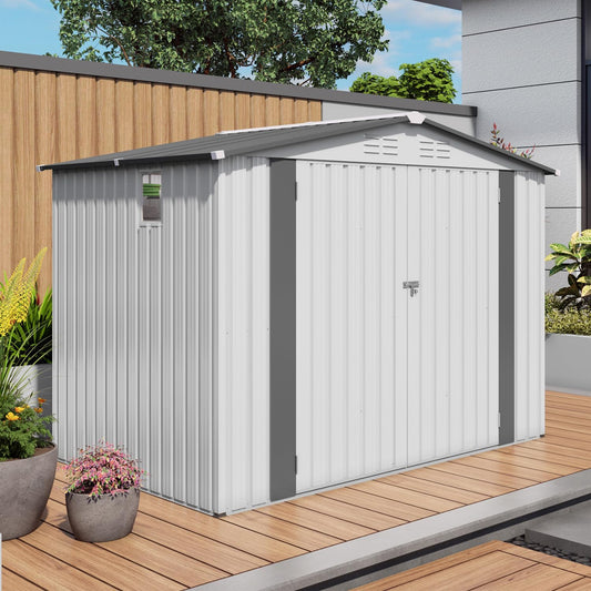 8x6 FT Outdoor Storage Shed with Windows, Metal Sheds & Outdoor Storage with Lockable Door and 4 Vents, Outside Storage Shed Waterproof for Backyard, Patio, White+Gray