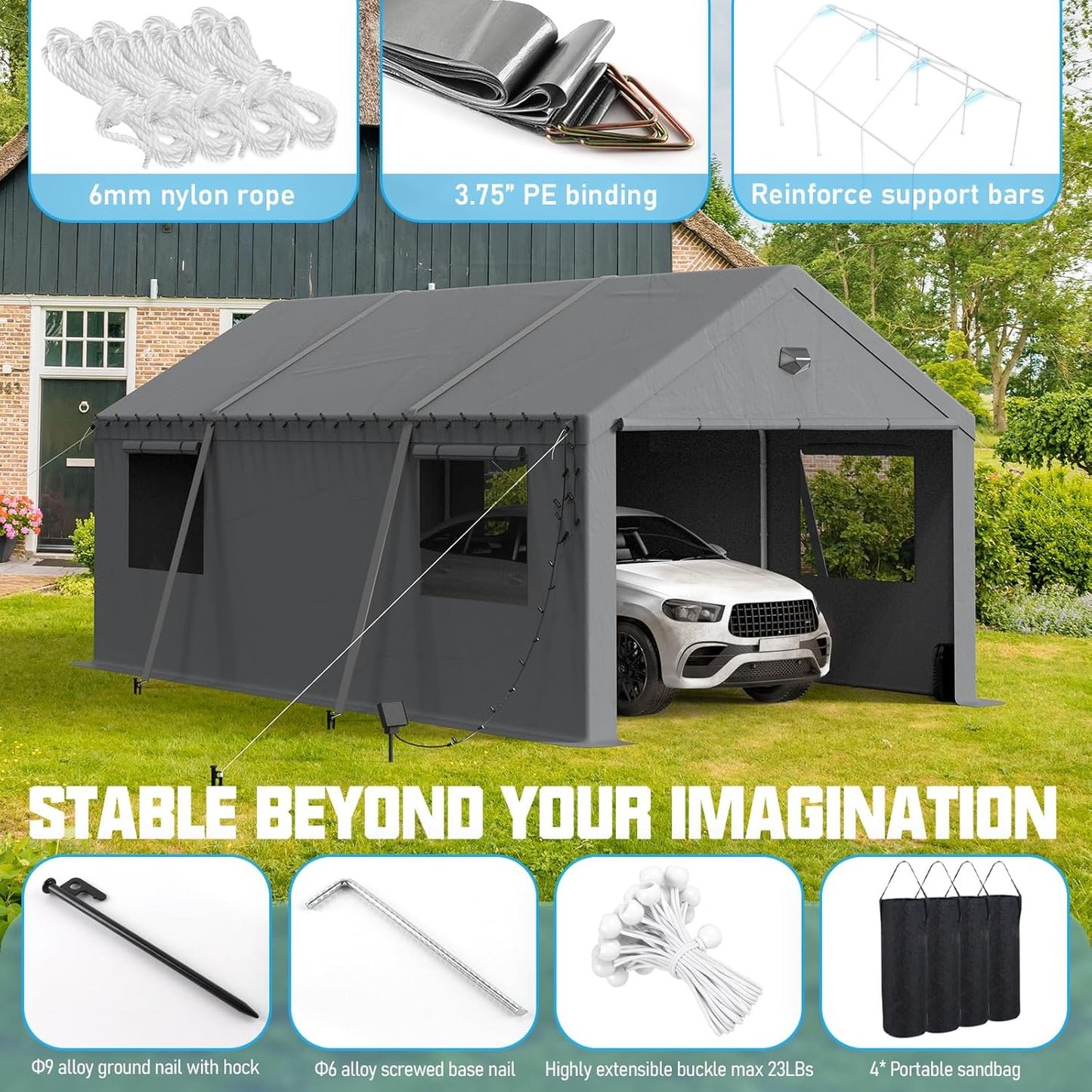 12x20 Carport Canopy, Heavy Duty Car Port, Portable Car Ports Garage with 2 Roll-Up Zipper Drive Through Doors, Grey