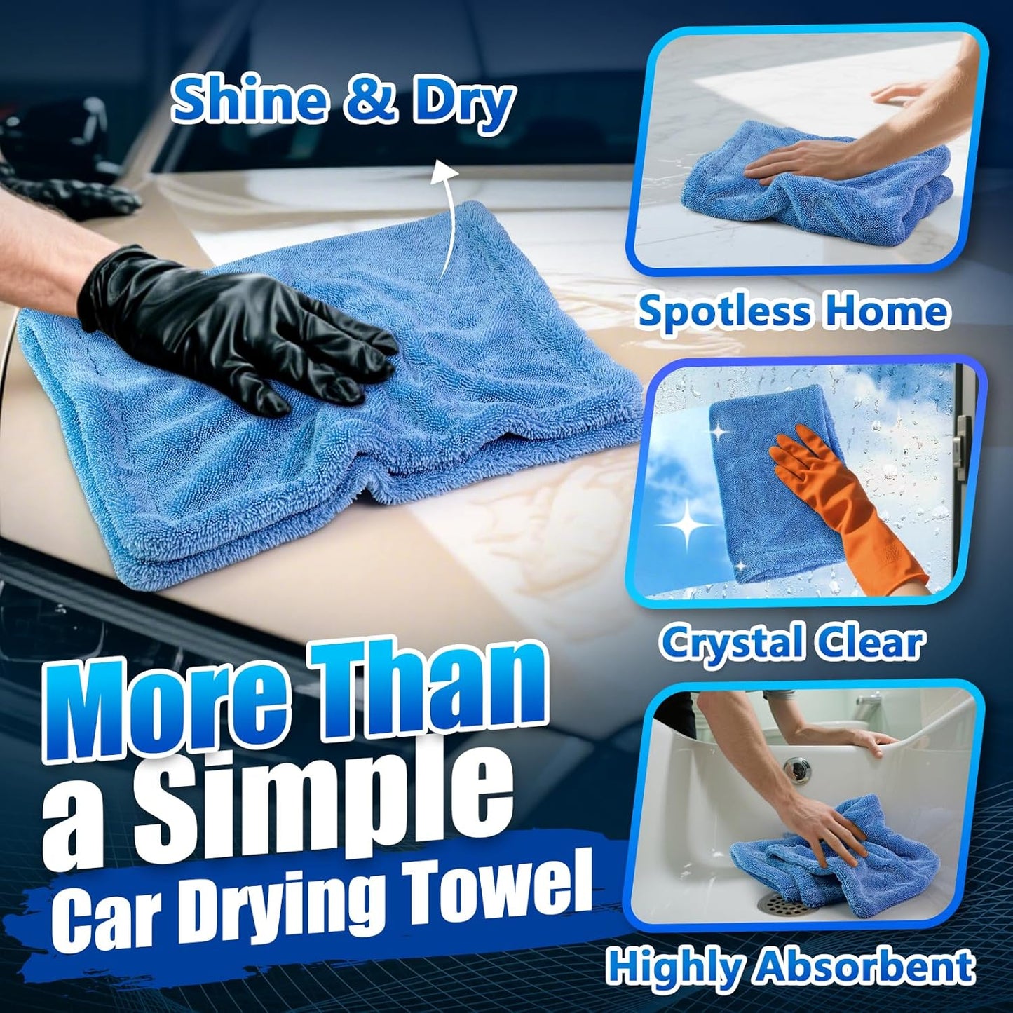 Airlab Microfiber Towels for Cars Wash Drying Towel Detailing Cloth, Ultra Absorbent, Streaks Free, Lint Free Cars, Trucks, SUVs, RVs, Motorcycles, Bath Wipes, 24 x 16 Inch, 1200 GSM, Pack of 1, Blue