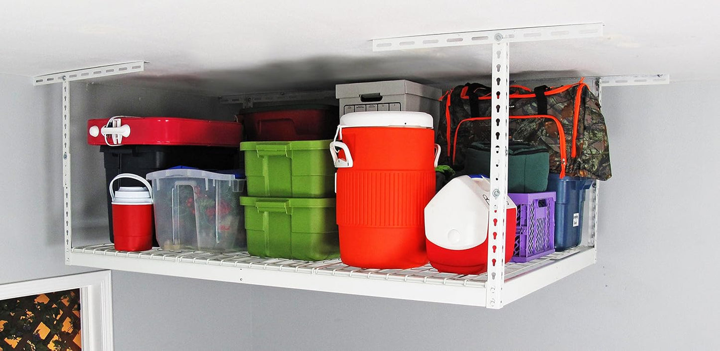 MonsterRax Overhead Garage Storage Racks 4x6 (2-Pack) Ceiling Mounted Shelving, Adjustable Hanging Storage Organizer, Heavy Duty Steel, Holds 500 Pounds, Color: White, Adjusts 18"-33” off Ceiling