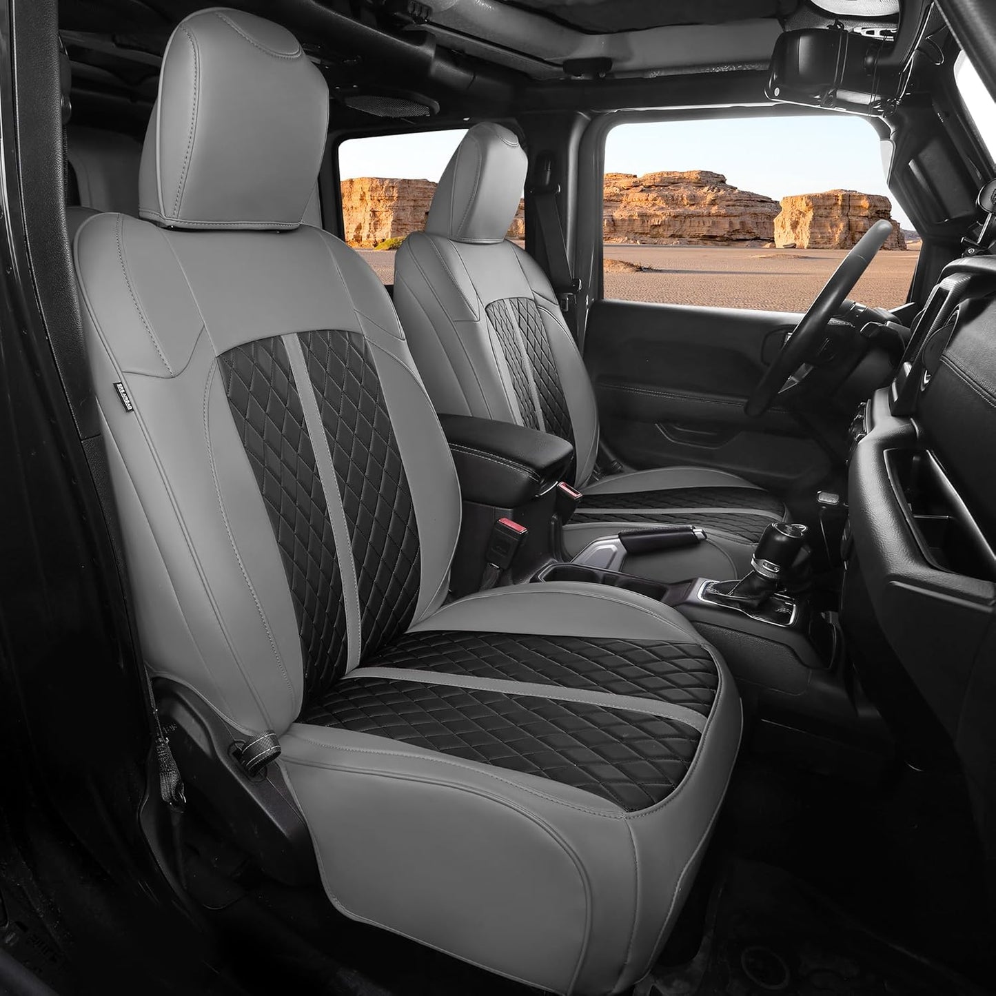 for Jeep Wrangler Seat Covers 4Door JL 2018 2019 2020 2021 2022 2023 2024 2025, Custom Fit Car Seat Cover Full Set, Luxury Waterproof Leather Seat Protectors, Gray Black, With Rear Cup Holder