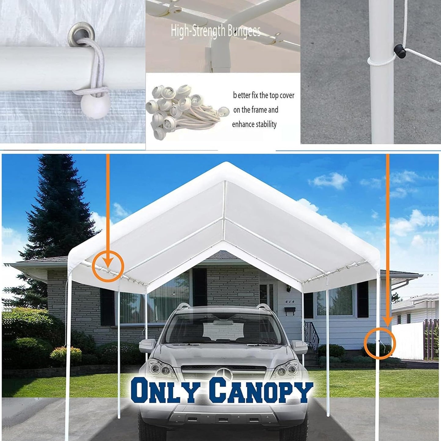 10' x20' Upgraded Carport Replacement Canopy Cover for Car Garage Shelter Party Tent with Ball Bungees White (Only Top Cover, Frame is not Included)