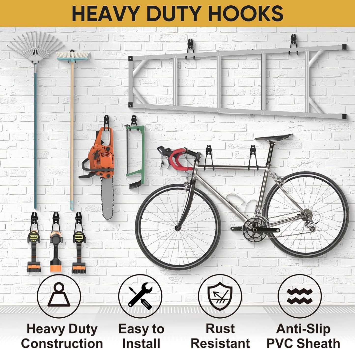 TICONN 2 Pack Heavy Duty Garage Hooks, Steel Utility Wall Storage Hooks, Wall Mount Hanger Organizer for Ladders, Bikes, Tools, Bulky Items (Medium, Orange Square)