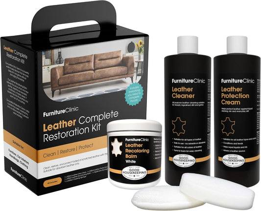 Furniture Clinic Leather Complete Restoration Kit | with Leather Recoloring Balm, Cleaner, 2-in-1 Protection Cream & Conditioner, Sponge, and Cloth | Repair Kit for Furniture (White)