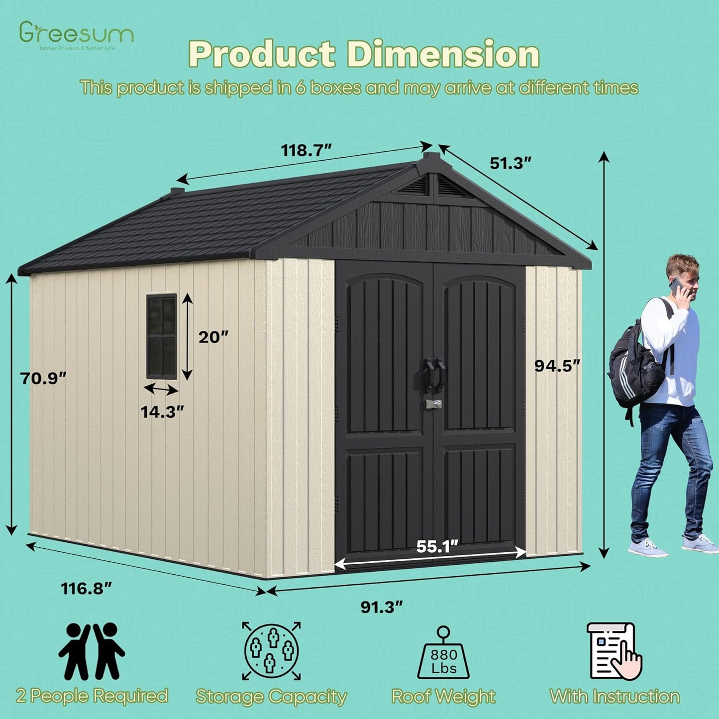 Greesum 8×10 FT Plastic Outdoor Storage Shed with Floor, Resin Sheds with Lockable Door and Window, Weather Resistant Organization for Garden, Lawn, Pool Supplies, Beige