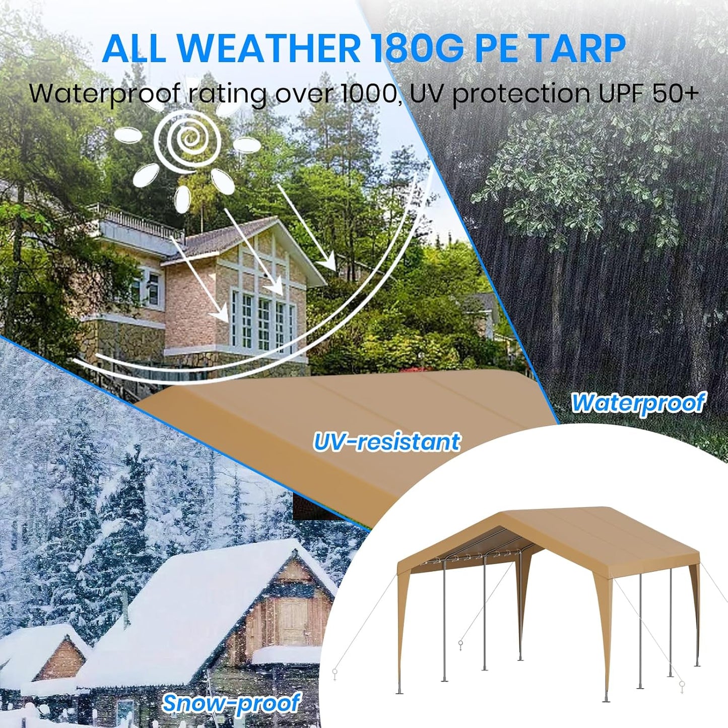 Carport 12x20 Heavy Duty Portable Garage,Galvanized Frame Carport Canopy,Portable Garages and Shelters with 8 Leg&4 Wind Rope,Car Tent Garage with All-Season Tarp for Truck Boat,Without Sidewall