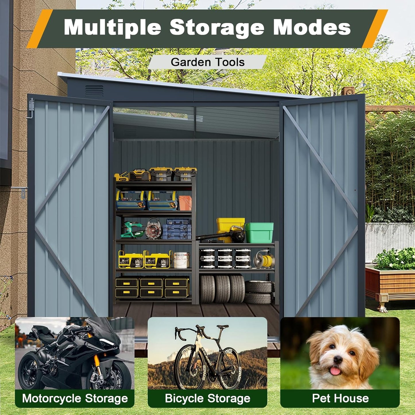 6x8FT Outdoor Storage Shed with Lockable Double Doors, Metal Lean to Garden Shed with Free PC Light Board for Tools, Small Outside Storage Shed Waterproof for Backyard, Garden, Patio