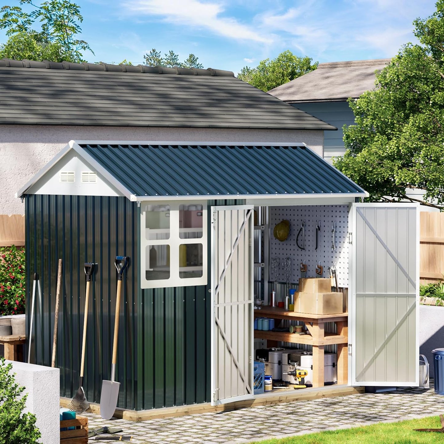 8X6FT Outdoor Steel Storage Shed with Lockable Doors, One Window, No Base, Ideal for Garden, Backyard, Patio Storage