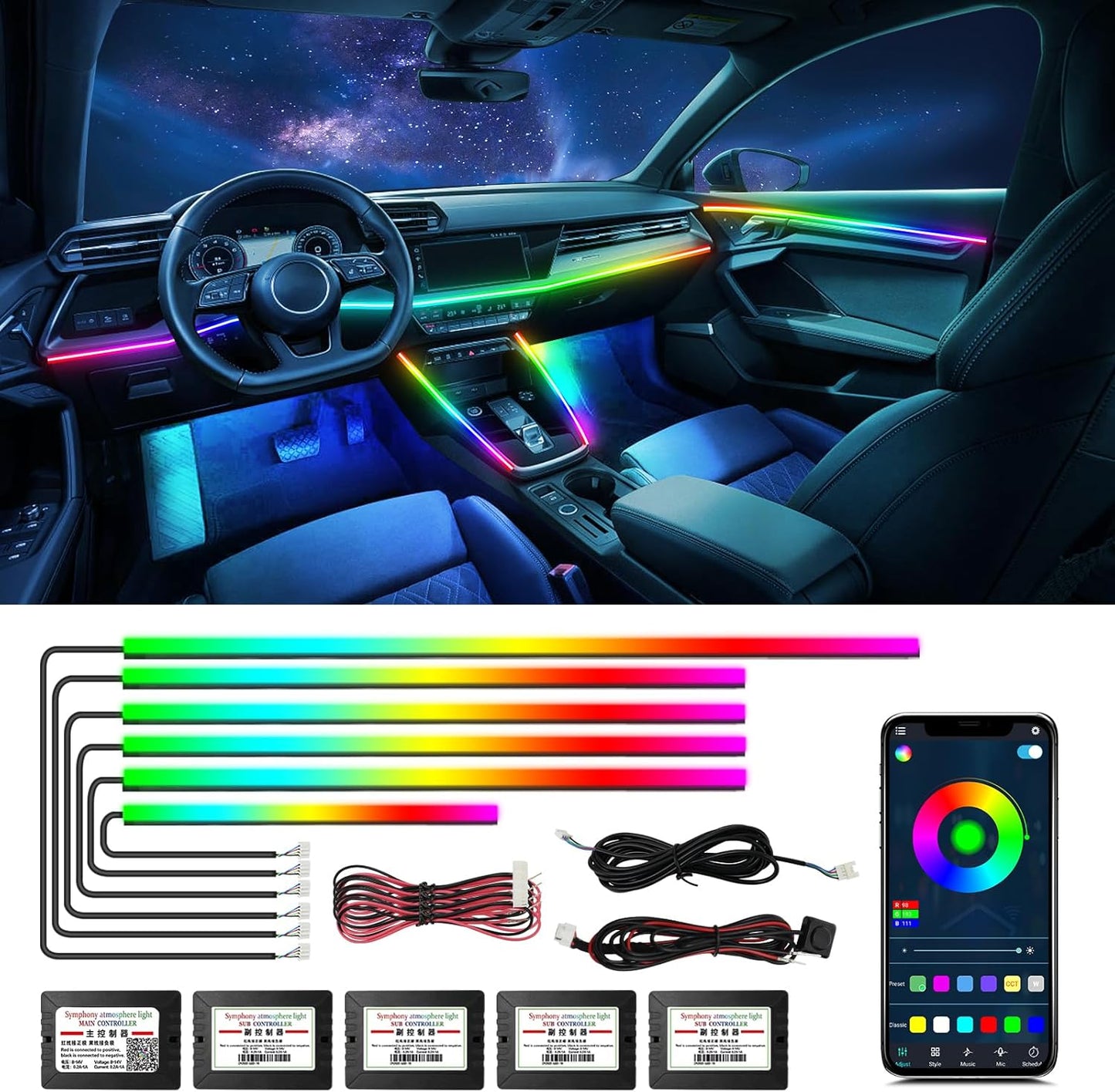 WEBUPAR Dreamcolor Acrylic Car Lights, 6 in 1 LED Strip Lights with APP Control and 213 Color Modes, Decorative Lights, Neon Ambient Lighting Kits