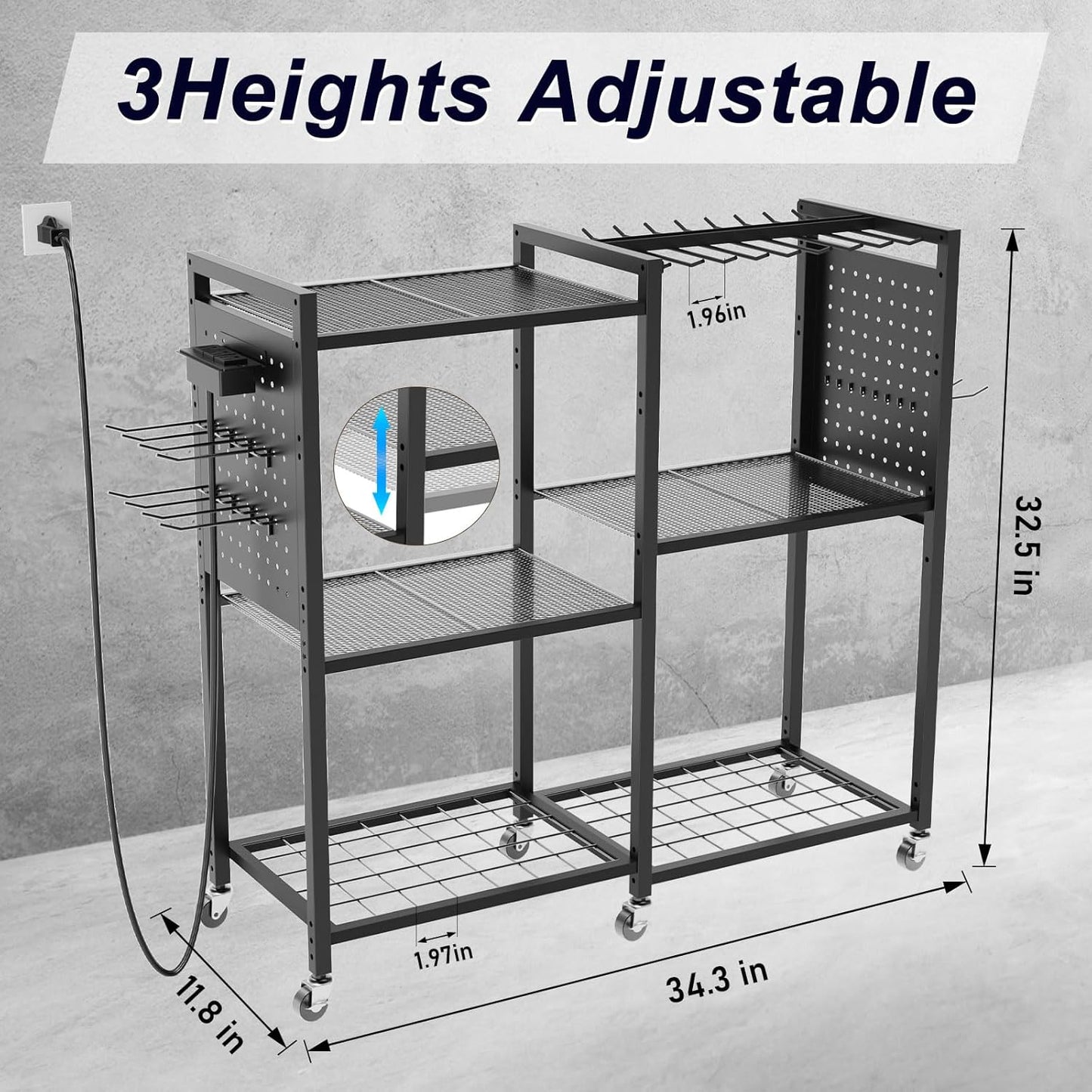 6-Tier Large Power Tool Organizer Cart with Charging Station, Heavy-Duty Garage Rolling Tool Cart with 6 Wheels, 8 Hooks & Adjustable Shelves, Holds 700LBS+