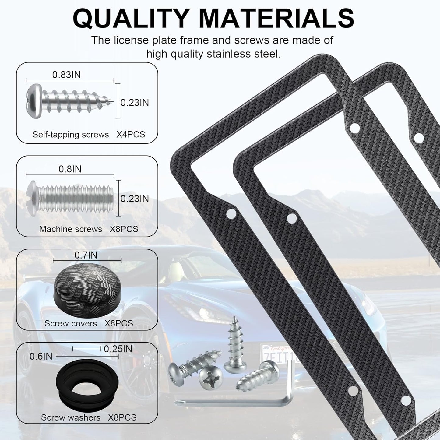 LivTee Carbon Fiber License Plate Frames, 2PCS Car License Plate Holder, 4 Holes Stainless Steel License Plate Covers, Automotive Exterior Accessories, Slim Design with Gasket Cover for US Cars