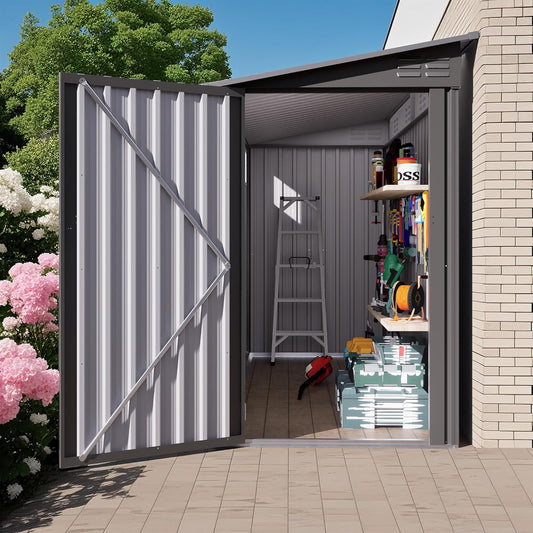 4x9 FT Outdoor Metal Storage Shed with Sloping Roof, 2 Vents and 1 Side Door, Weather-Resistant Galvanized Steel Garden Tool House for Backyard, Patio, Lawn, Garage