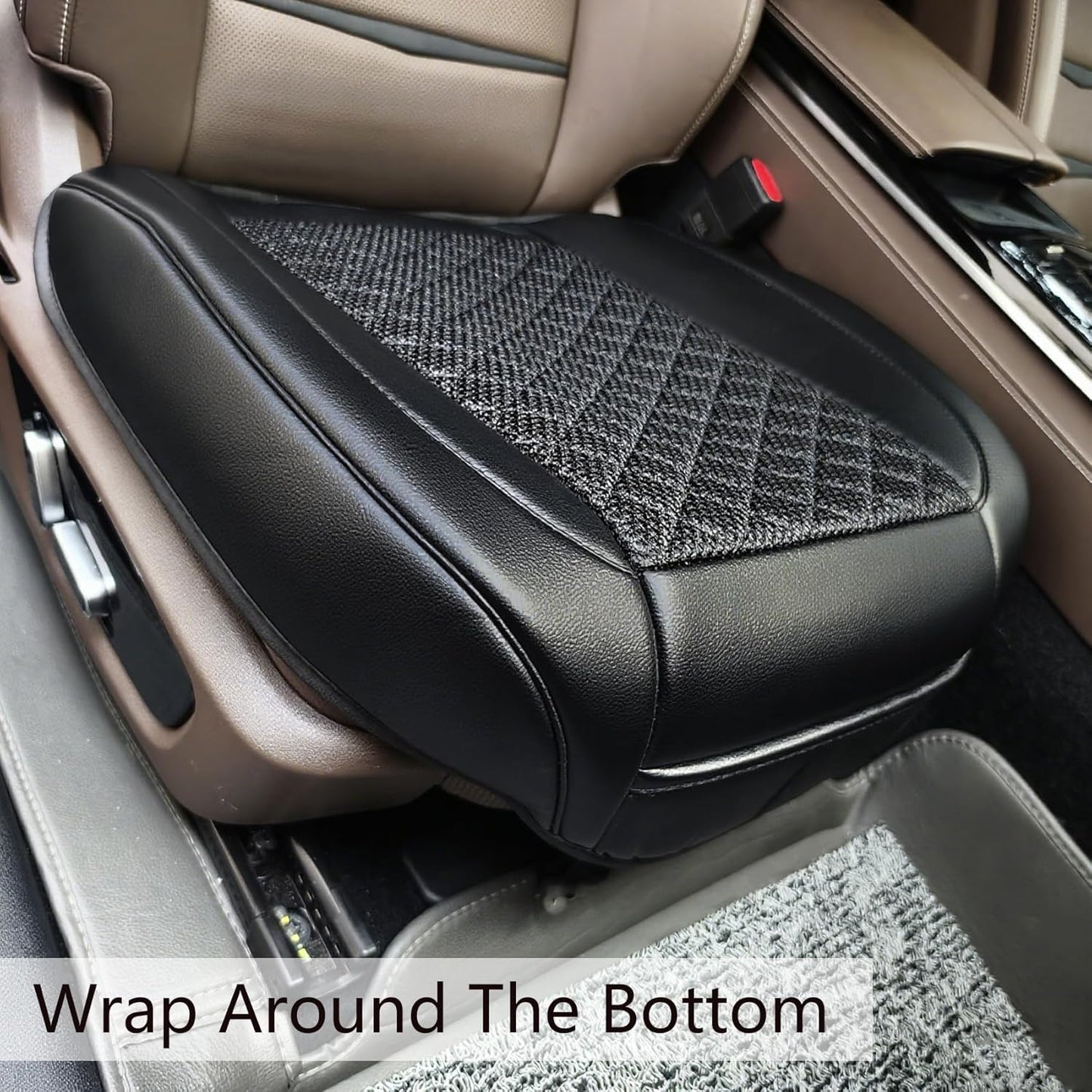 Leather Bottom Car Seat Covers,Front Seat Only Black Ice Silk Car Seat Cushion Pad Mat,Ventilated Breathable,Car Seat Protector for Leather Seats (1 Pack Black)
