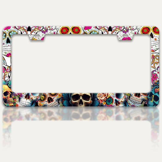 Sugar Skull License Plate Frame Skeleton Flowers License Plate Holders Funny Stainless Steel Auto Accessory Bracket 2 Hole with Screws Universal Us Car License Plate Frames 6x12 Inch for Women Men