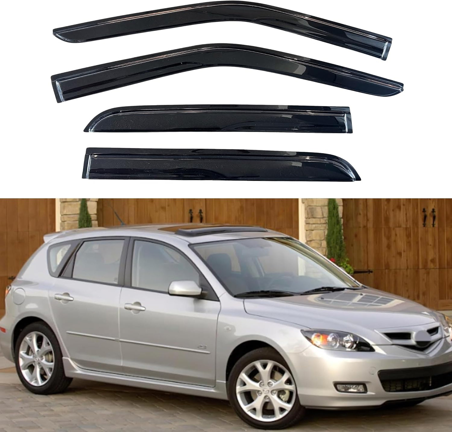 KPY Window Visor Compatible with Mazda 3 Hatchback 2004-2009, 4PC Rain Guard Side Window Vent Deflectors Tape-On Mugen Style, 2004 2005 2006 2007 2008 2009