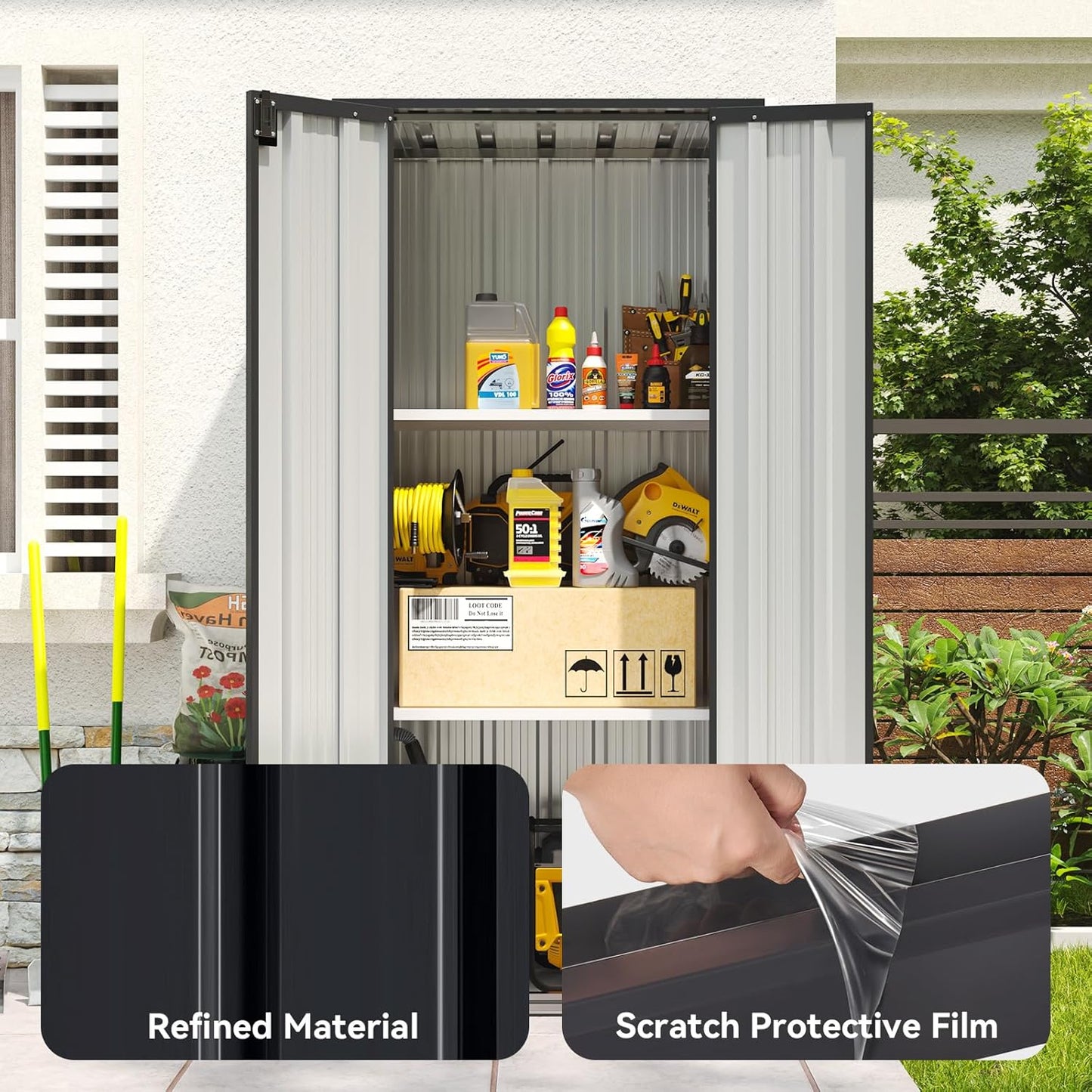 Aoxun 31x19 in Outdoor Storage Cabinet Metal Garden Shed with 2 Adjustable Shelves 3 Layer Indoor& Outdoor Waterproof Vertical Storage Shed for Patio Garden, Garage, Porch (Black, 22 Cu.Ft)