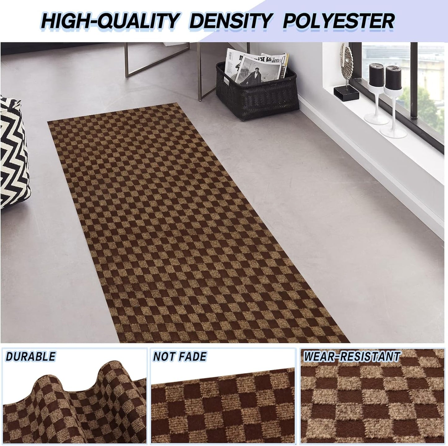 Custom Size Backed Non-Slip Area Rugs Runner, Easy Clean, Waterproof Runner Rugs for Hallway Entryway, Kitchen, Laundry, 3FT x 25FT, Brown Checkered
