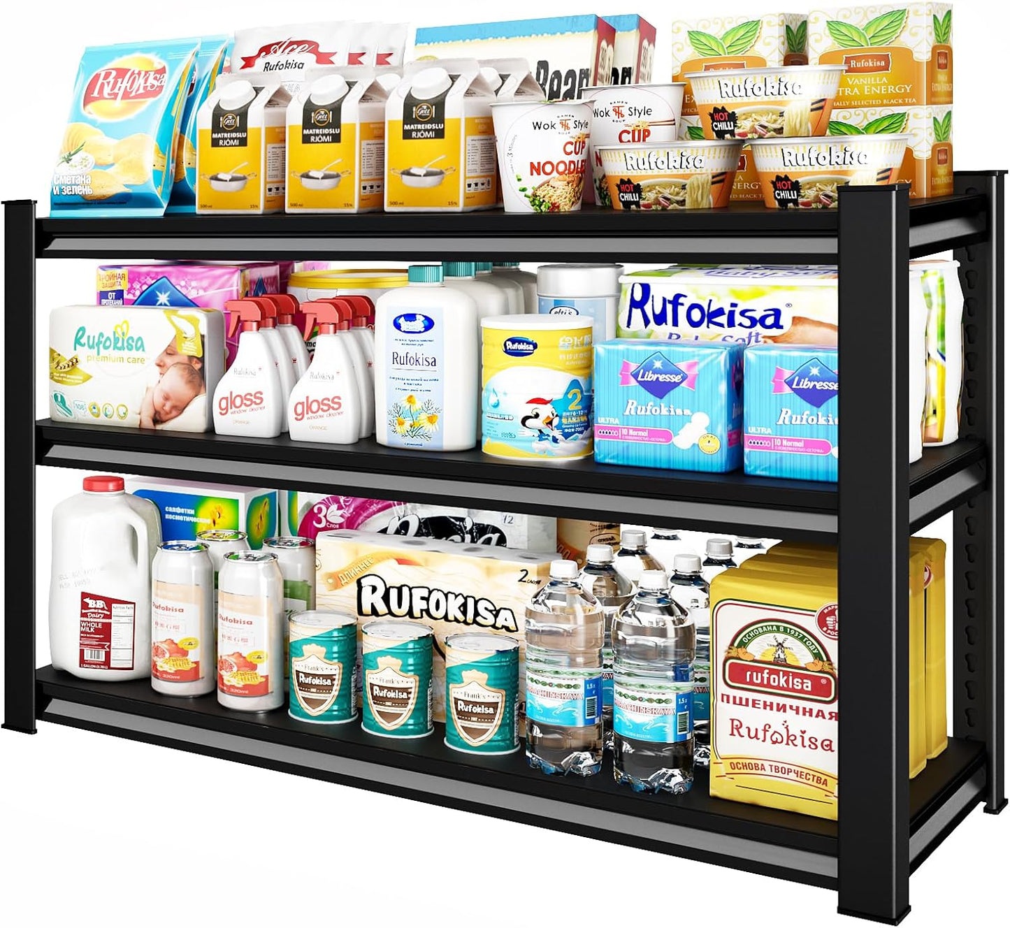 3-Tier Garage Shelving Heavy Duty，48" W Metal Shelving Unit for Garage, 1650 lbs Load Capacity Utility Rack Shelves＆ Garage Shelves, 48”W x 18”D x 39”H(Black)