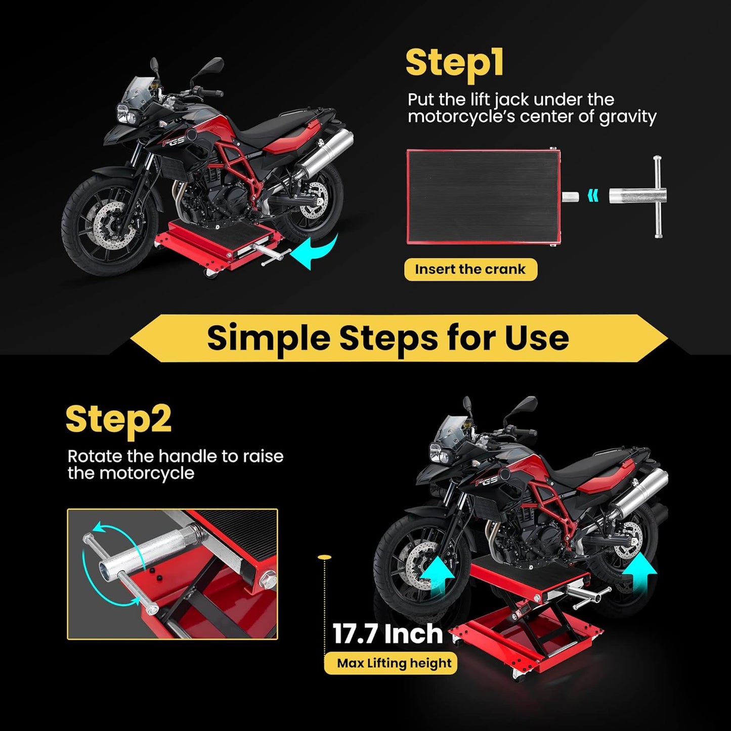 VIVOHOME 1100 Lbs Steel Wide Deck Motorcycle Lift ATV Scissor Lift Jack with Dolly and Hand Crank Bikes Garage Repair Hoist Stand Red