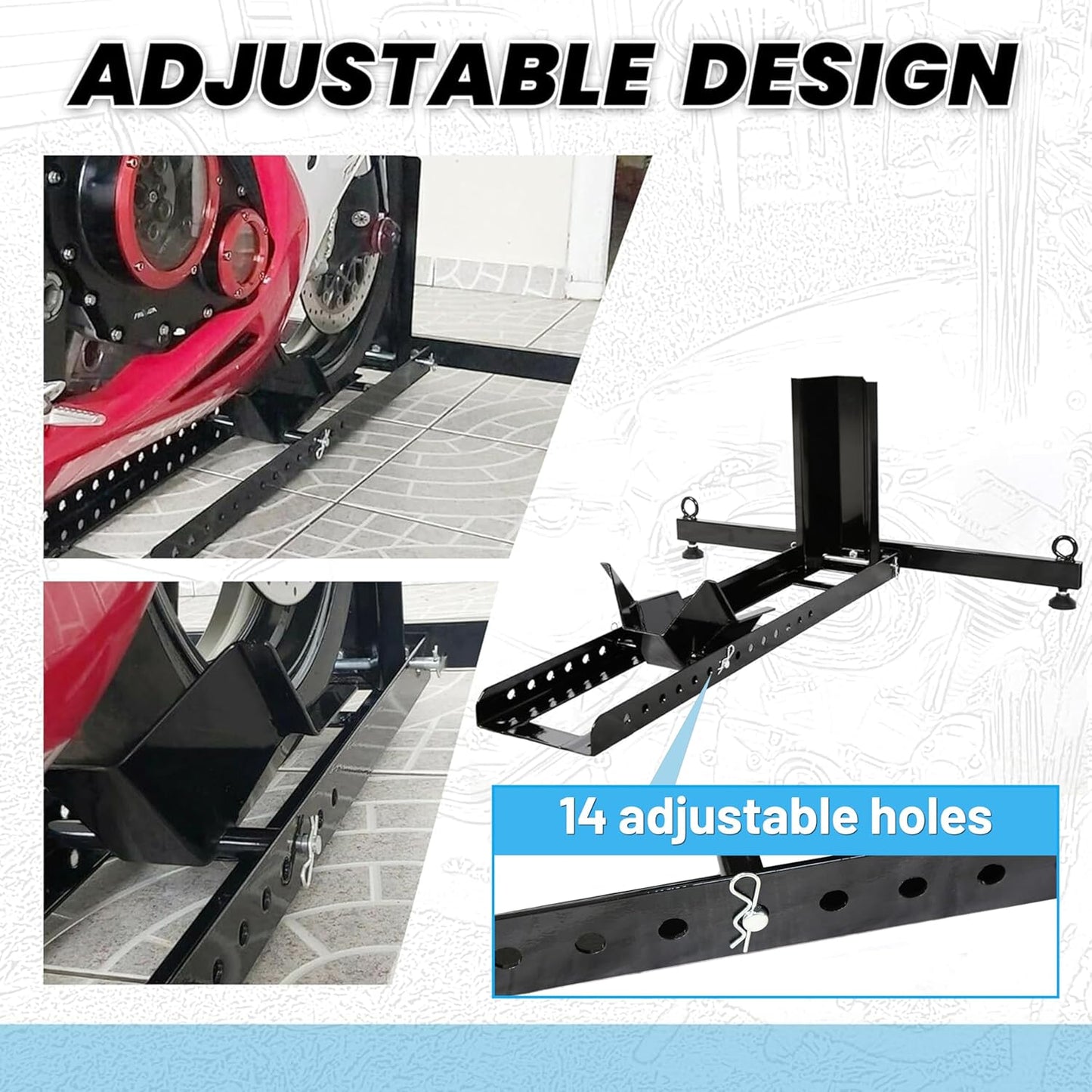 KUAFU Motorcycle Wheel Chock Stand Upright 1800 LBS, Wide Range 3“ to 5” Support Adjustable Heavy Duty Motorcycle Stand Front Wheel Tire Chock for Trailer/Truck/Garage Power Coated Steel