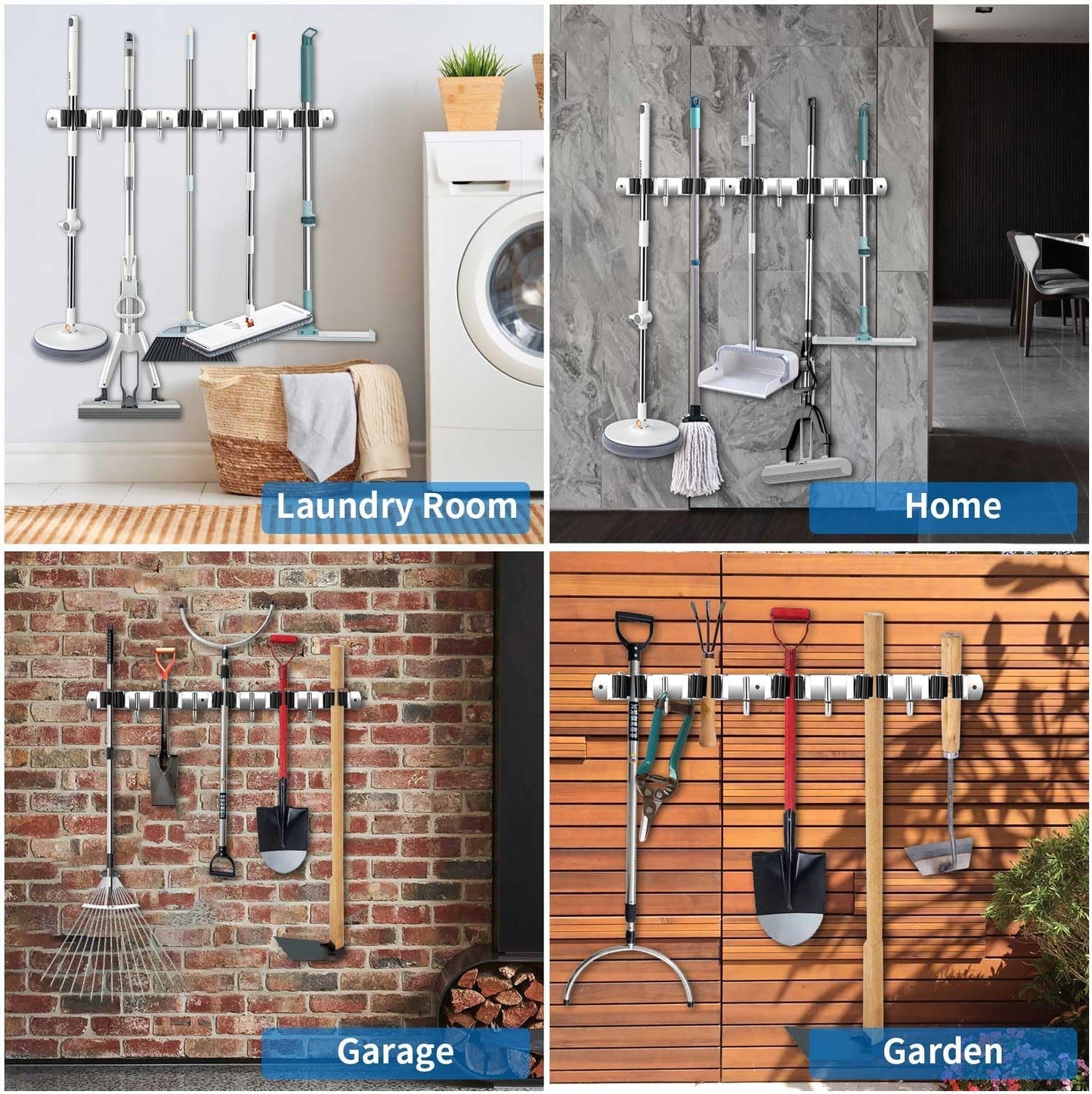 2 Pack Wall Mount, Stainless Steel Broom Hanger, Heavy Duty Mop and Broom Holder Tool Racks Utility Hooks for Laundry Room Garden Garage, Grey (4 Racks and 5 Hooks)