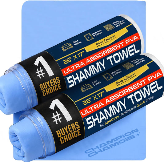 Premium Large Shammy Towel for Car - 2pk Pack (26"x17") - Super Absorbent, Soft, Streak-Free, Scratch-Free Cloth for Cars, Boats, Home - Long Lasting Chamois Towel + Hanging Storage Tubes (Blue)