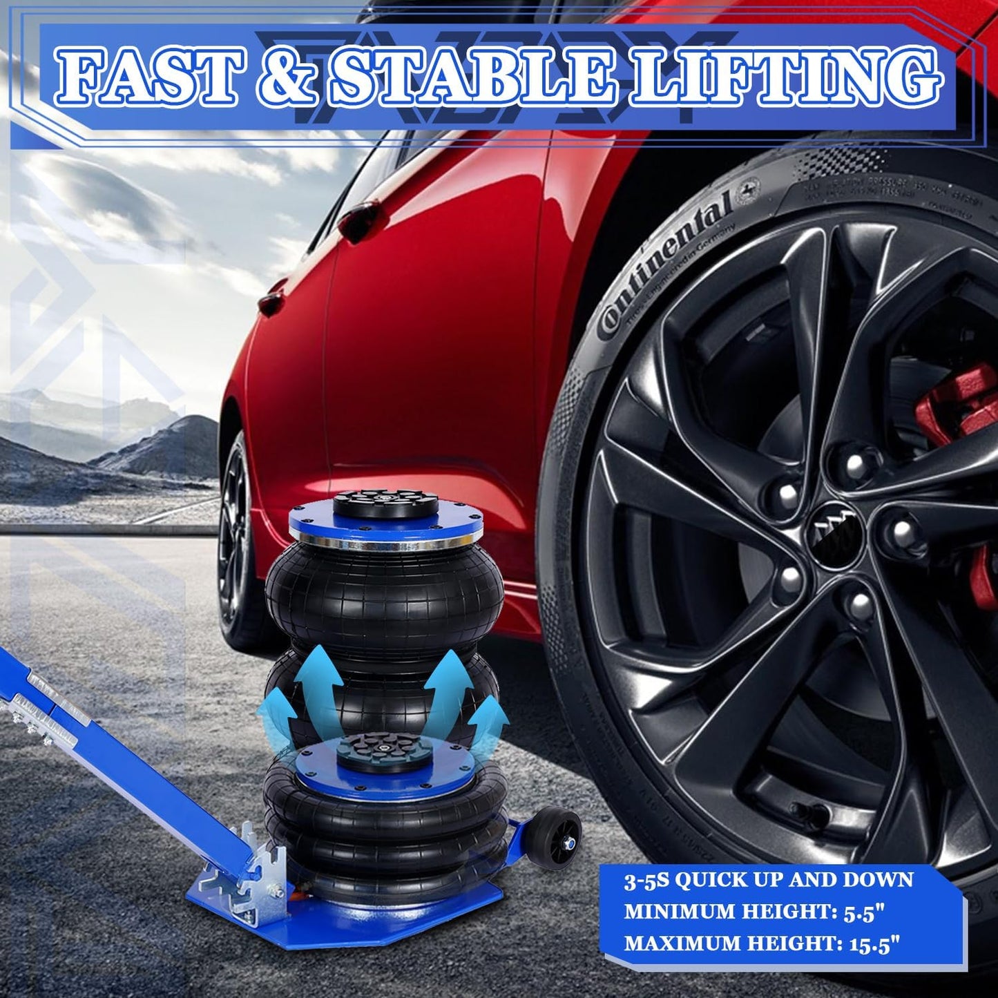 3T Triple Bag Air Jack 6600lbs Pneumatic Jack 3s Fast Lift Up 16in Airbag Jack with Adjustable Long Handle Heavy Duty Triple Air Bag Jack Lift for Cars Garage (Blue)